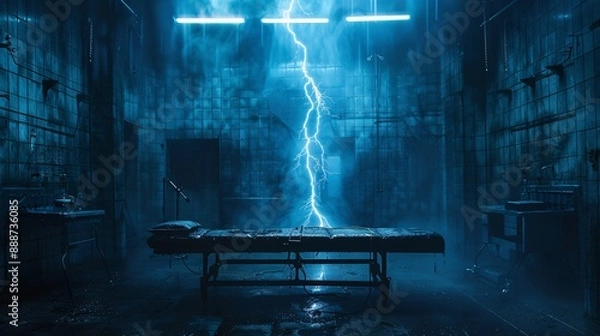 Obraz 30. Halloween Day: Minimalist Frankenstein's lab, single lightning rod, stark operating table