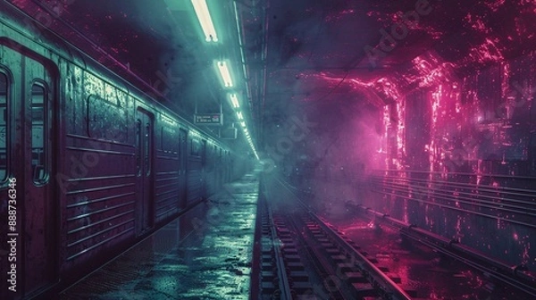 Fototapeta 16. Halloween Day: Modern ghostly subway station, glitching holograms, spectral trains