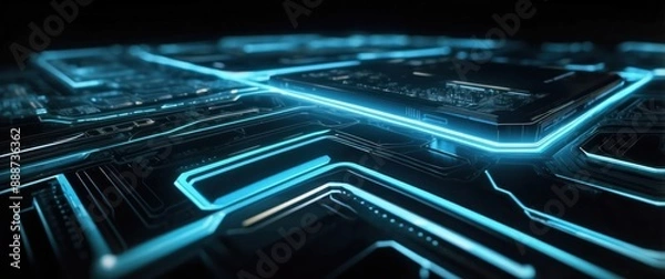 Fototapeta Glowing blue circuit with a futuristic microchip, symbolizing technology, innovation, and modern electronic advancements in data processing