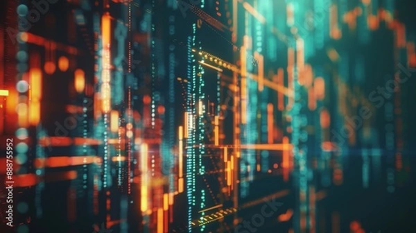 Fototapeta Abstract blurred background with neon glowing data streams representing digital technology, networking, and futuristic designs.