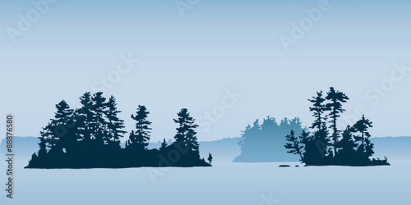 Obraz Silhouette illustration of a islands on a northern lake with pine trees,