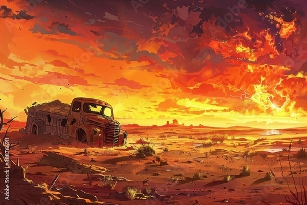 Fototapeta Desolate Desert Landscape with Abandoned Truck