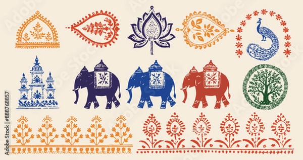Fototapeta Boho Indian elephant vintage animal Pattern Traditional Elements Lotus Flower Peacock Bird