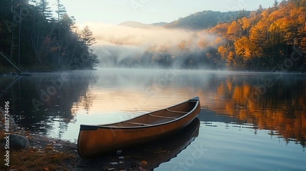 Fototapeta A serene lake in the mountains at sunrise, mist hovering over the water, a canoe resting on the shore, surrounded by autumn foliage, editorial photography