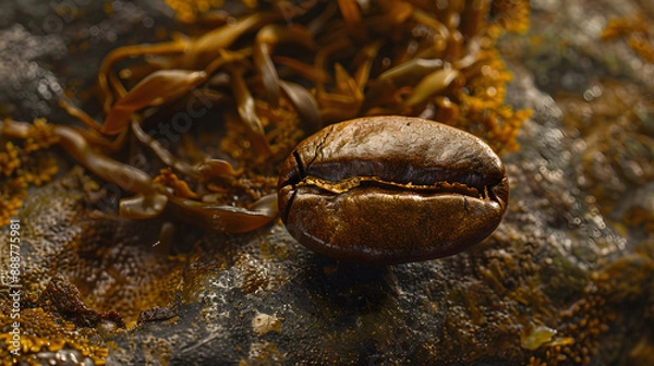 Fototapeta A coffee bean is sitting on a leaf