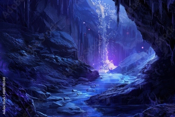 Fototapeta Glowing Waterfall in Mystical Cave