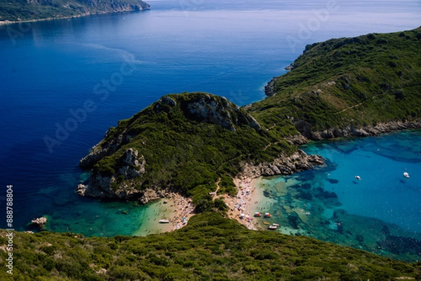 Fototapeta Porto Timoni beach at Afionas is a paradise double beach with crystal clear azure water in Corfu, Ionian island, Greece, Europe