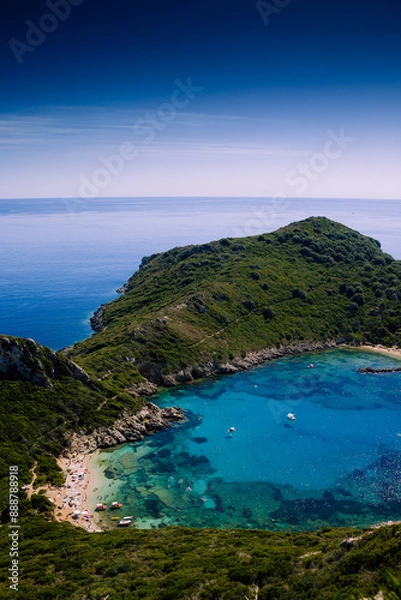 Fototapeta Porto Timoni beach at Afionas is a paradise double beach with crystal clear azure water in Corfu, Ionian island, Greece, Europe