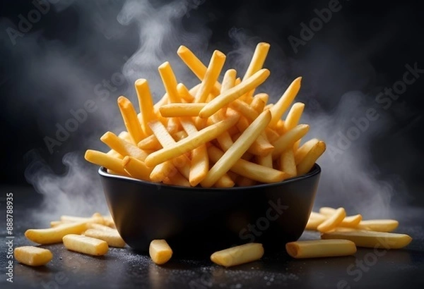 Obraz French fries or potato fries with salt taste isolated on Dark background, fast food with high calories, popular appetizer or snack.