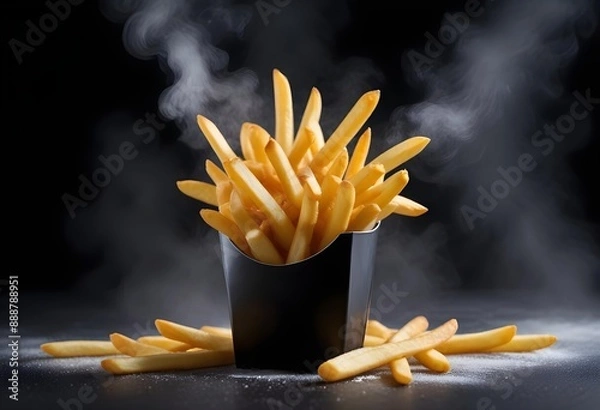 Obraz French fries or potato fries with salt taste isolated on Dark background, fast food with high calories, popular appetizer or snack.