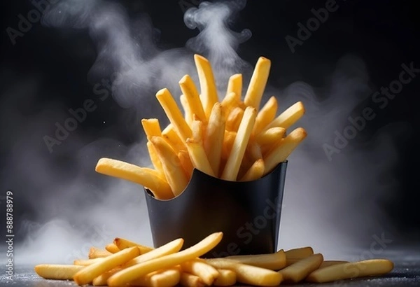 Obraz French fries or potato fries with salt taste isolated on Dark background, fast food with high calories, popular appetizer or snack.