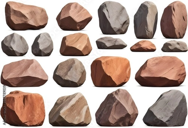 Obraz Collection set of big and long hard 3D rock boulder stone on white background 3