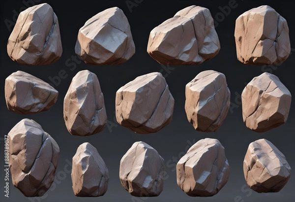 Obraz Collection set of big and long hard 3D rock boulder stone on white background 3