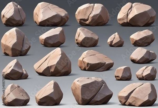 Obraz Collection set of big and long hard 3D rock boulder stone on white background 3