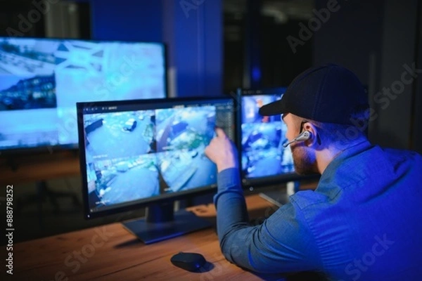 Fototapeta Rear view of security system operator looking at CCTV footage at desk in office