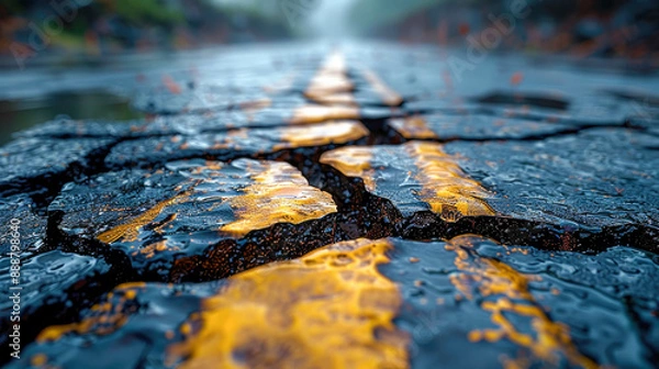 Fototapeta A cracked road with a yellow line in the middle, wet from recent rain