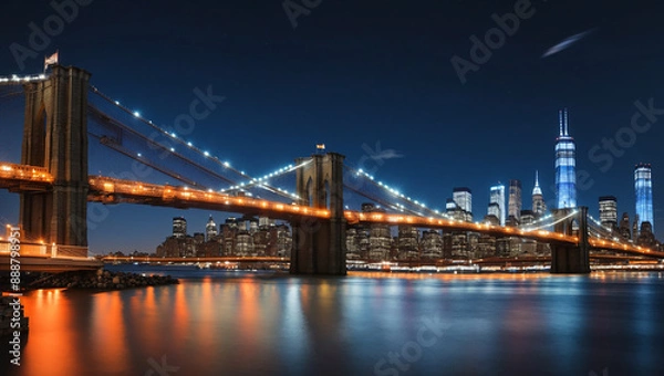 Fototapeta nighttime view of the Brooklyn Bridge in New York City, with the cityscape and the reflection of the lights in the water.