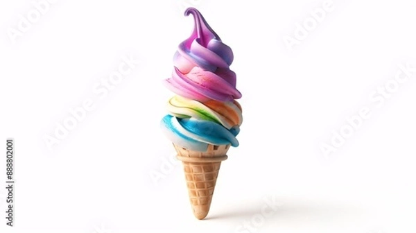 Fototapeta A solitary multicolored ice cream cone on a plain background.