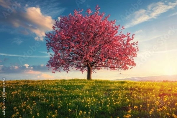 Obraz A solitary pink tree amidst a field of green grass, creating a striking contrast in nature, Cherry blossom tree in springtime, AI generated