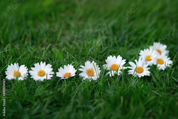 Fototapeta Fresh daisies standing tall in a field of lush green grass, Delicate daisy chain resting on grass, AI generated