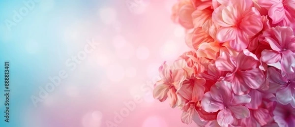 Fototapeta  A tight shot of numerous pink blossoms against a backdrop of blue and pink Background features a gentle blur of light