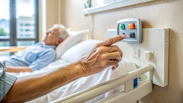 Fototapeta Elderly patient resting in a hospital bed, pressing the nurse call button, emphasizing patient care, support, and comfort in a modern healthcare environment.