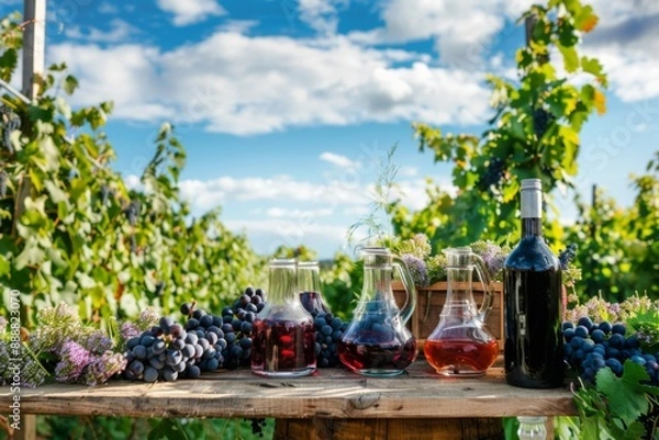 Fototapeta Ripe grapes and wine bottles on a wooden table, with a scenic vineyard backdrop bathed in the warm glow of the sunset.
