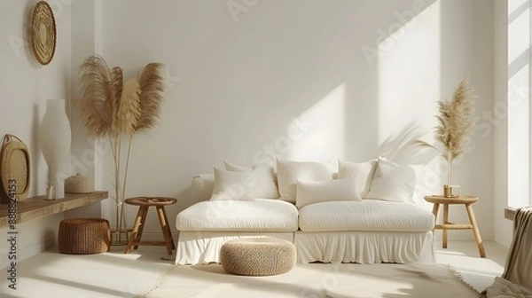Fototapeta Cozy living room with a white sofa, beige pillows, woven decor, and natural elements. Features a round rug, poufs, a wooden stool, and dried plants, creating a serene, earthy ambiance.