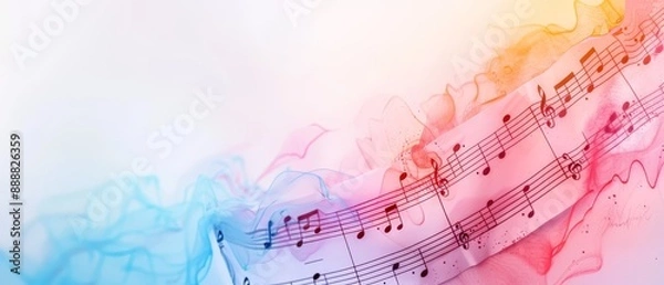 Fototapeta  A multicolored background with music notes on the left side and music notes overlaid on the right side
