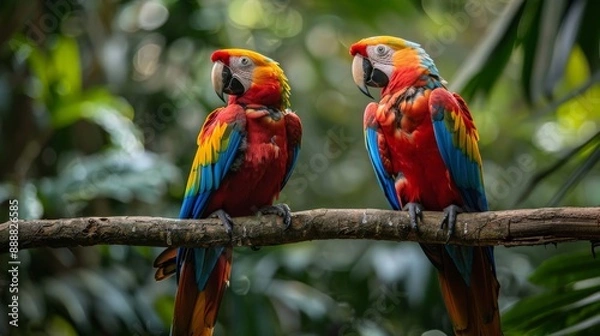 Fototapeta A pair of parrots perched on a branch in a tropical rainforest, their colorful feathers vibrant against the green foliage