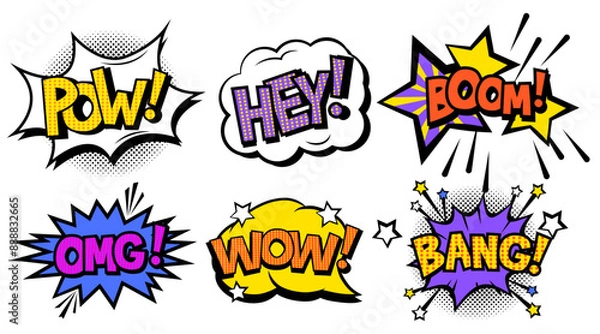 Fototapeta Set of colorful pop art inscriptions in the cartoon style.Vector illustration of vintage speech bubbles of different shapes in pop art style:pow,hey,boom,omg,wow, bang isolated on white background.