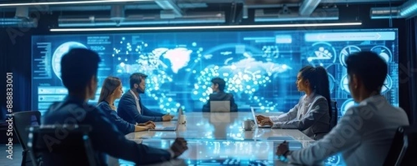 Fototapeta Holographic business strategy session, modern tech workspace, startup innovation
