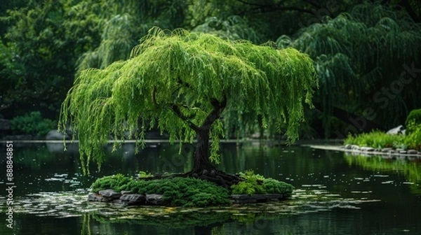 Fototapeta Graceful willow bonsai tree with drooping branches in a misty swamp