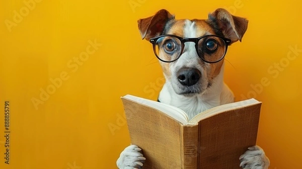 Fototapeta Studious dog with glasses reading book, yellow background, intelligent expression, humorous scene.