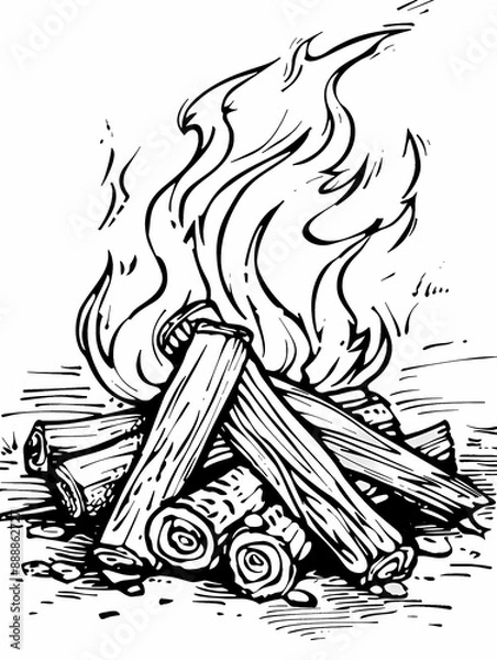 Fototapeta Campfire illustration. A line drawing depicts a campfire with logs and flames.