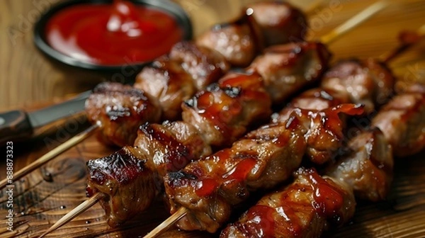 Fototapeta Meat skewers in closeup on a wooden table with ketchup
