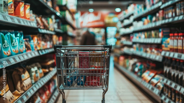 Fototapeta A shopping cart filled with groceries is positioned in the center aisle of a supermarket, surrounded by shelves stocked with various products, highlighting the concept of shopping and retail.
