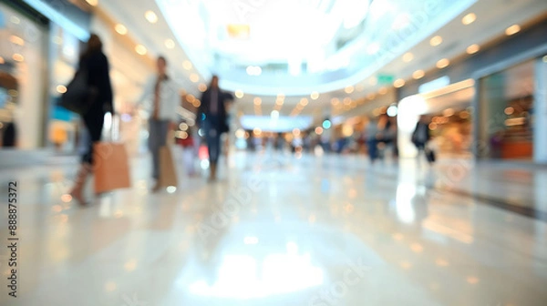 Fototapeta A blurred view of a modern shopping mall with people walking and carrying shopping bags. The bright, spacious interior features store lights and reflections, conveying a lively retail atmosphere.