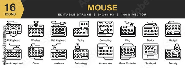 Fototapeta Set of 16 Mouse icon set. Editable Stroke Icon Collection. Includes cable mouse, computer, scroll, tools, usb, device, and More. Outline icons vector collection.