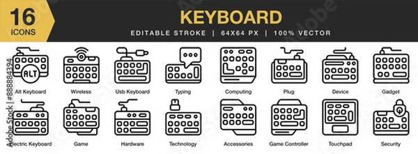 Fototapeta Set of 16 Keyboard icon set. Editable Stroke Icon Collection. Includes device, accessories, alt keyboard, computing, game, and More. Outline icons vector collection.