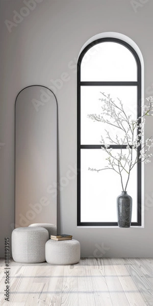 Fototapeta Minimalist property interiors composition with minimal furniture, a large window and a mirror in an empty room. Interiors design composition in mute colors with copy space.