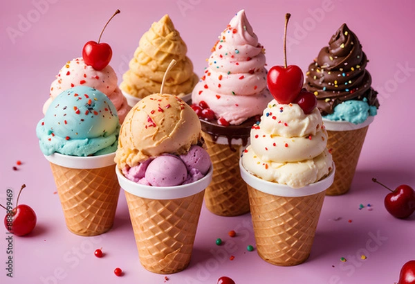 Fototapeta Assortment of colorful ice cream scoops in waffle cones, with sprinkles, cherries, and other toppings