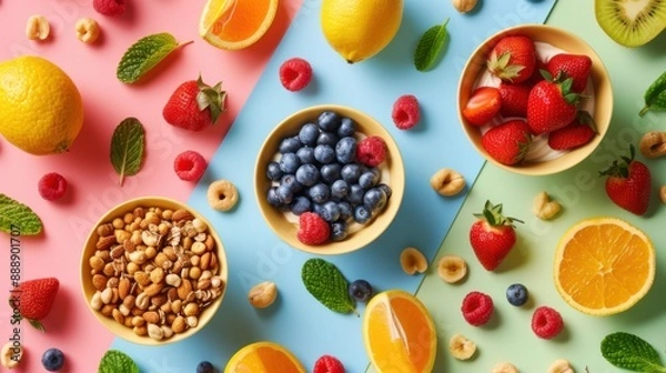 Fototapeta Colorful Breakfast Cereals Flat Lay with Fresh Fruits and Nuts on Vibrant Background