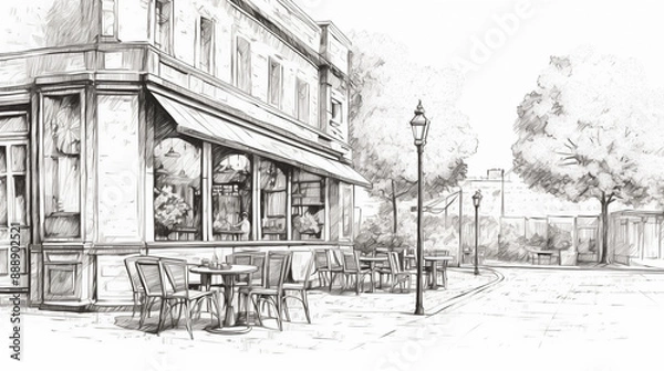 Fototapeta Outdoor cafe in the city sketch. Engraving image. Street eating. Chairs and tables. Illustration in vintage style. Ai generation