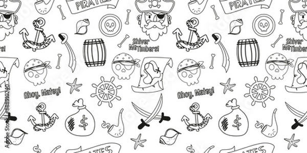 Fototapeta Pirate elements outline seamless pattern