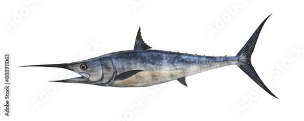 Fototapeta A detailed illustration of a swordfish with a streamlined body and a long, pointed bill, showcasing its distinct features on a white background.