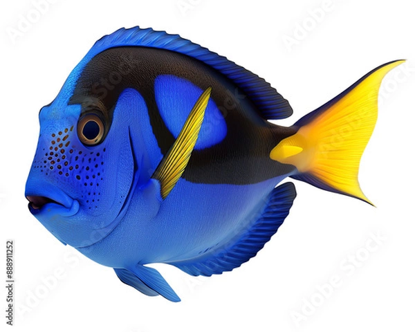 Obraz Bright and vivid blue tang fish, also known as regal tang, with striking blue and yellow colors, isolated on a white background.