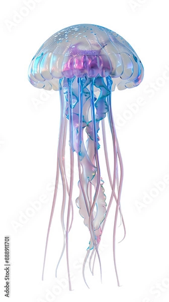 Obraz Colorful and translucent jellyfish with long tentacles, showcasing beautiful iridescent colors against a white background.
