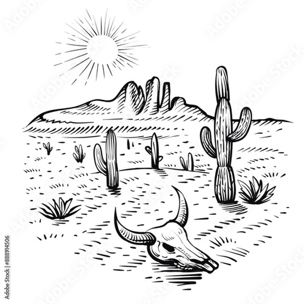 Obraz Desert sketch with cactus and skull, vector illustration. Hand drawn landscape of Arizona.