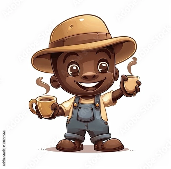 Fototapeta A cartoon coffee bean character with dark brown skin, wearing overalls and black boots, holding up his hand while smiling at the camera